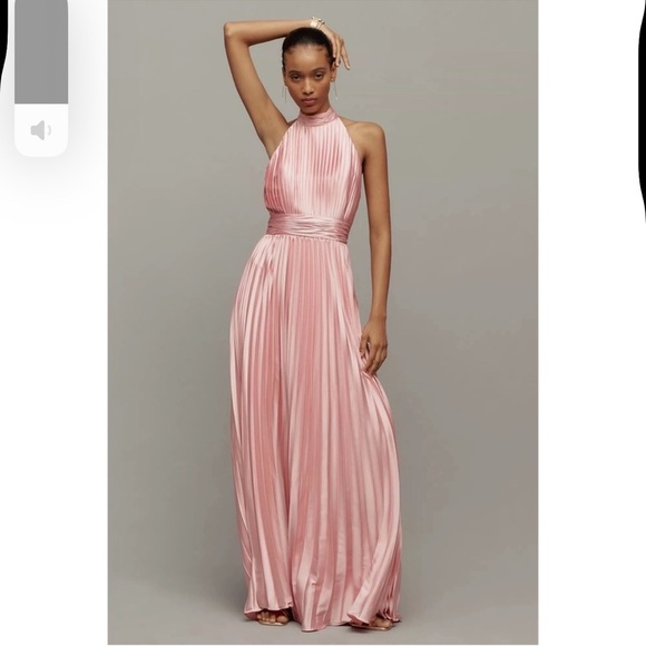 ANTHROPOLOGIE Mac Duggal Pink Pleated Satin Halter Maxi Dress Gown 8 NWT Formal - Picture 9 of 12